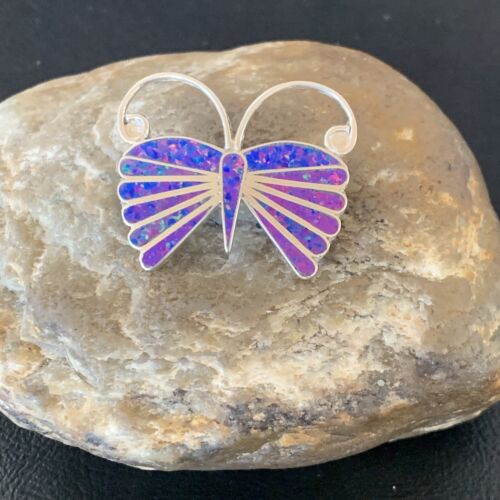 Zuni Purple Opal Butterfly Necklace Pin Pendant | Sterling Silver | Authentic Native American Handmade | 11974