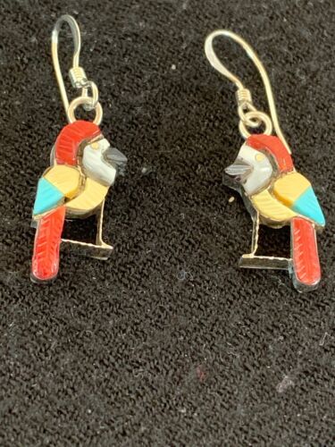 Native American Zuni Parakeet Bird Earrings | Sterling Silver Coral Turquoise | Handmade | 1713