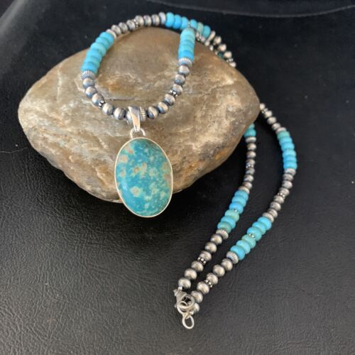 Navajo Blue Turquoise Pendant Necklace | Sterling Silver | Authentic Native American Handmade | 13868