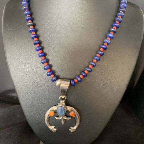 Navajo Blue Lapis Spiny Oyster Pendant Necklace | Authentic Native American Sterling Silver | Naja | 13707