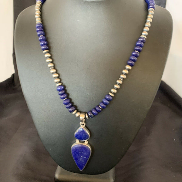 Navajo Sterling Silver Beads Necklace with Lapis Lazuli Pendant | 8mm | Authentic Native American Handmade | 11365