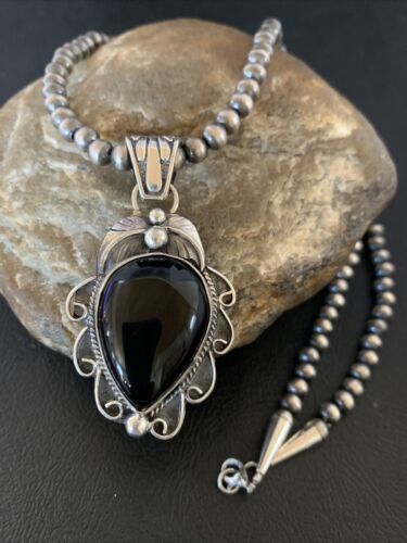 Navajo Pearls Black Onyx Necklace Pendant | Sterling Silver | Authentic Native American Handmade | 13095