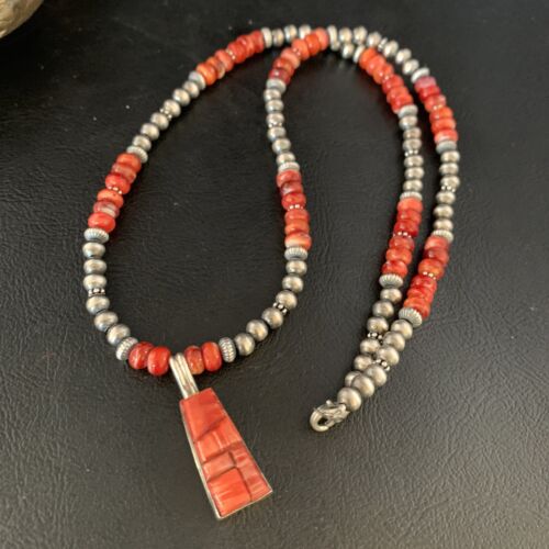 Navajo Pearls Red Spiny Oyster Sterling Necklace | Inlay Pendant | 20" | Native American Jewelry | 13652