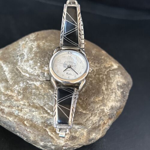 Authentic Native American Navajo Sterling Silver Watch Tips | Black Onyx Band | Handmade Jewelry | 14470