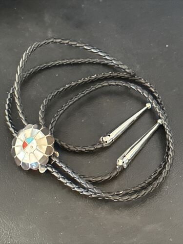Men's Bolo Tie | Zuni Sunface Mother of Pearl Coral Turquoise Inlay | Sterling Silver | 14754
