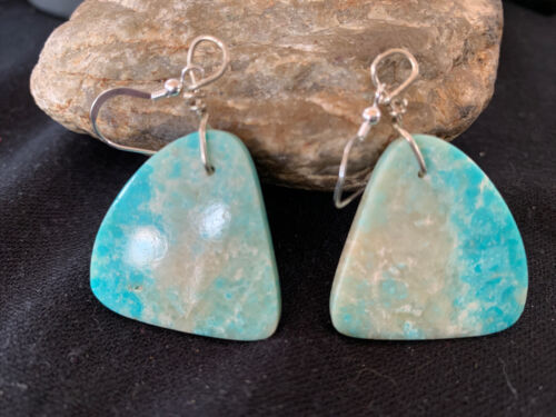 Southwestern Navajo Slab Turquoise Dangle Earrings | Sterling Silver | Authentic Native American Handmade | 1320