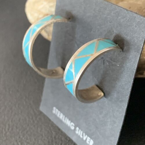 Zuni Blue Turquoise Inlay Hoop Earrings | Sterling Silver | 0.50" | 12755
