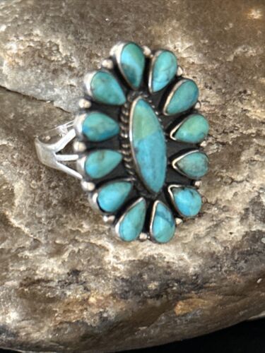 Navajo Blue Turquoise Cluster Ring | Authentic Native American Sterling Silver | Multi-Stone | Sz 9 | 14265
