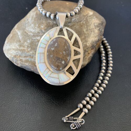 Navajo White Opal Inlay Jasper Pendant | Sterling Silver | 2.5" | Authentic Native American Handmade | 12271