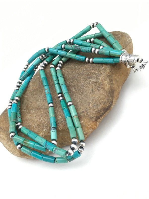 Navajo Turquoise Tube Bead Necklace | 3 Strand | Sterling Silver | 22" | Authentic Native American Handmade | 4790