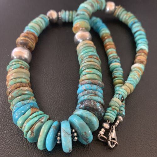 Navajo Blue Green Turquoise Necklace | Sterling Silver | Authentic Native American | 22" | Graduated | 11899
