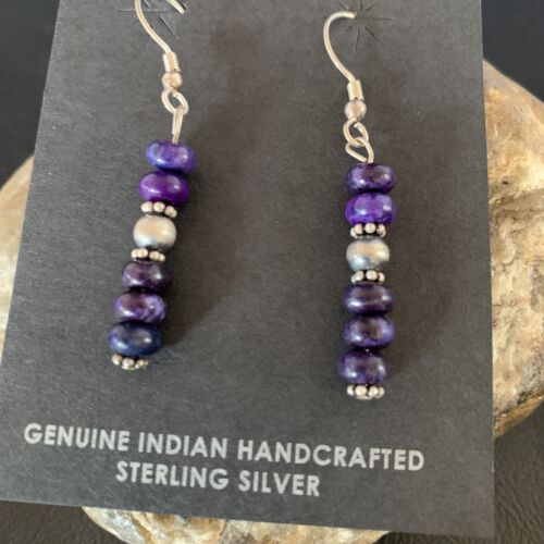 Navajo Purple Sugilite Dangle Bead Earrings | Sterling Silver | 1" | Authentic Native American Handmade | 13066