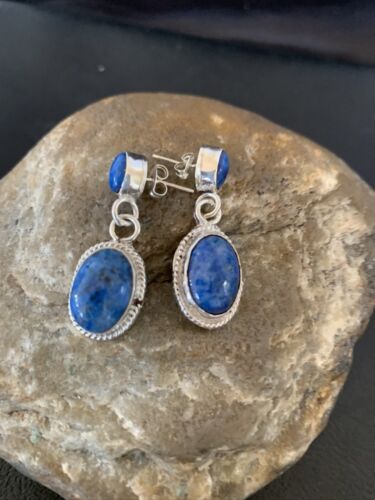 Navajo Denim Lapis Dangle Earrings | Sterling Silver | 1.1" | Authentic Native American Handmade | 1706