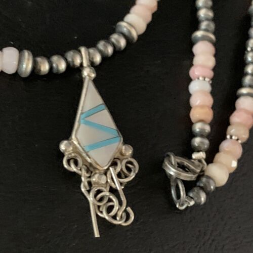 Navajo Mother of Pearl Turquoise Inlay Pendant with Pink Opal Bead Necklace | Sterling Silver | 13457