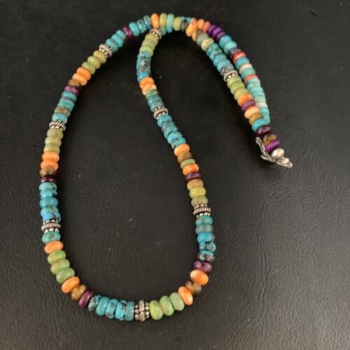 Navajo Blue Turquoise & Orange Spiny Oyster Necklace | Sterling Silver | 18" | 13434