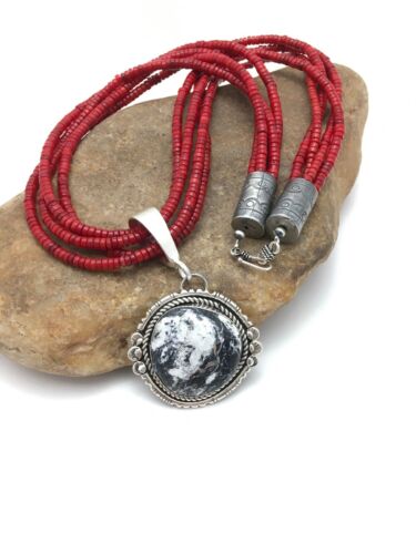 Navajo White Buffalo Turquoise Pendant with Coral | 4-Strand Silver Necklace | Authentic Native American Handmade | 3848