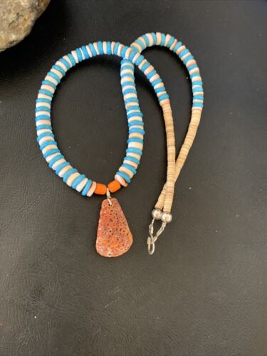 Santo Domingo Shell Pendant | Spiny Oyster & Blue Turquoise | 20" Necklace | Navajo | 12521