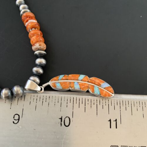 Navajo Pearl Sterling Necklace with Orange Spiny Oyster & Opal Leaf Pendant | Authentic Native American | 18" | 11348 - Masha USA