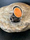 Navajo Black Onyx Orange Spiny Oyster Multi-Stone Ring | Authentic Native American Sterling Silver | Sz 11 | 02168