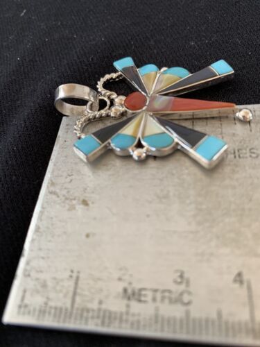 Zuni Turquoise Spiny Oyster Mother of Pearl Butterfly Necklace Pin Pendant | Inlay | Sterling Silver | 1367