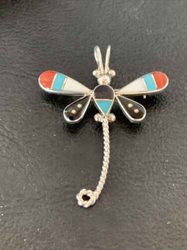 Zuni Turquoise Mother of Pearl Inlay Dragonfly Necklace Pin Pendant | Sterling Silver | 12327