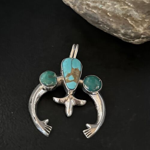 Navajo Sterling Silver Blue #8 Turquoise Naja Pendant | Authentic Native American Handmade | 14674