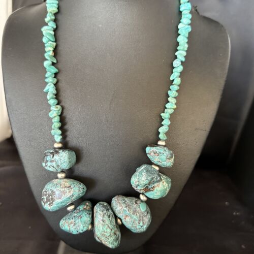 Navajo Chunky Blue Turquoise Nugget Necklace | Sterling Silver | Authentic Native American Handmade | 20" | 14416