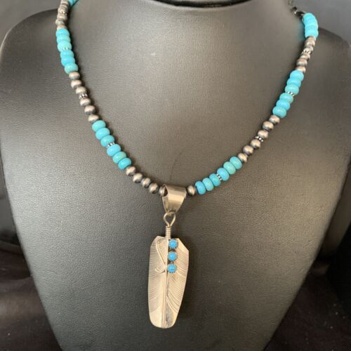 Navajo Blue Turquoise Feather Pendant Necklace | Sterling Silver | Native American Handmade | 13823