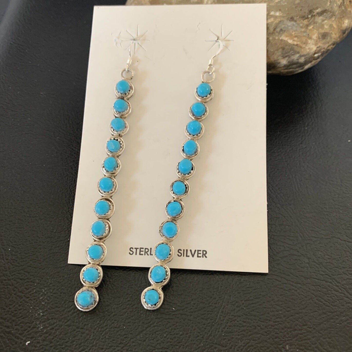 Navajo Green Turquoise Dangle Earrings | Sterling Silver | 3" Long | Authentic Native American Handmade | 12119