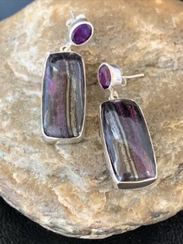 Navajo Purple Sugilite Amethyst Dangle Post Earrings | Sterling Silver | Authentic Native American Handmade | 1566