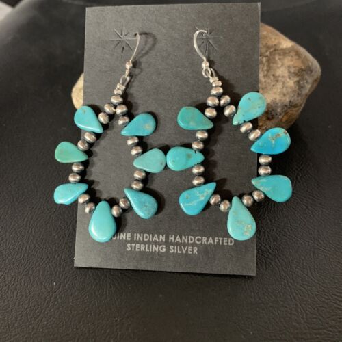 Navajo Blue Cluster Turquoise Bead Earrings | Sterling Silver | Authentic Native American Handmade | 13328