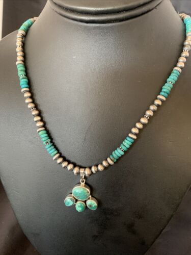 Navajo Pearl Necklace with Blue Cluster Turquoise and Multi-Stone Pendant | Authentic Native American Sterling Silver | 12546