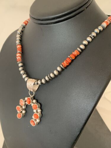 Navajo Red Spiny Oyster Naja Pendant | Sterling Silver Pearls | Authentic Native American Handmade | 140