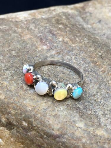 Southwestern Zuni Multi-Stone Ring | Blue Opal Coral Turquoise | Authentic Native American Sterling Silver | Multi-Stone | Sz 5.5 | 9000