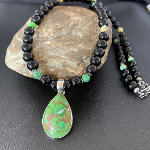 Navajo Pearls Onyx Mojave Turquoise Pendant Necklace | Sterling Silver | Authentic Native American Handmade | 10346