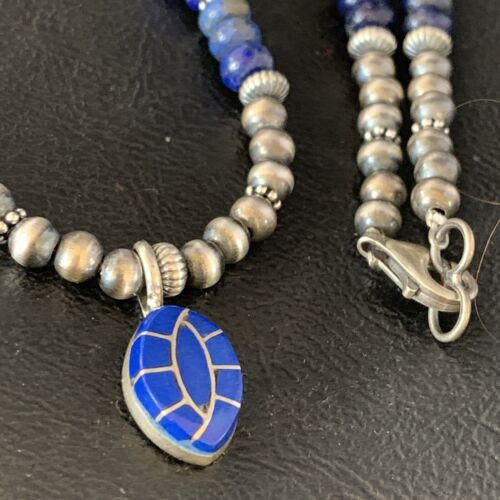 Navajo Blue Lapis Inlay Necklace Pendant | Sterling Silver | Authentic Native American Handmade | 13845
