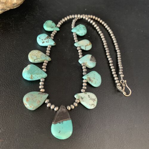 Navajo Pearls Blue Turquoise Teardrop Necklace | Sterling Silver | 20" | Authentic Native American Handmade | 13429