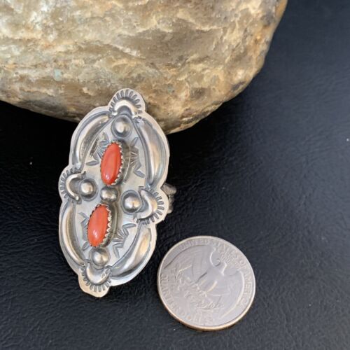 Navajo Orange Spiny Oyster Multi-Stone Ring | Authentic Native American Sterling Silver | Multi-Stone | Sz 8.5 | 13718
