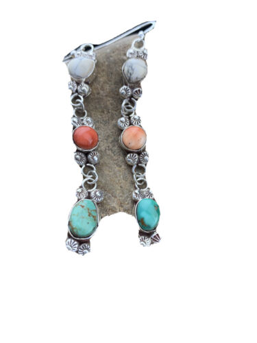 Navajo Spiny, Turquoise & Howlite Dangle Earrings | Sterling Silver | Authentic Native American Handmade | 01618