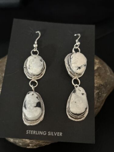 Navajo White Buffalo Turquoise Dangle Earrings | Sterling Silver | 2" | Authentic Native American Handmade | 14712