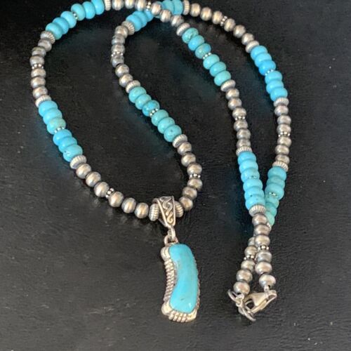Navajo Blue Turquoise Pendant Necklace | Sterling Silver | Authentic Native American Handmade | 13826
