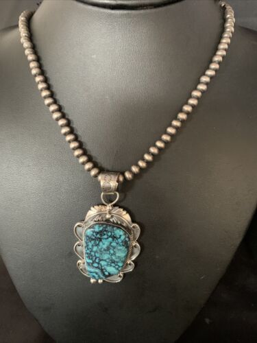 Navajo Spiderweb Turquoise Pendant Necklace | Sterling Silver | 2.25" | Authentic Native American Handmade | 13978