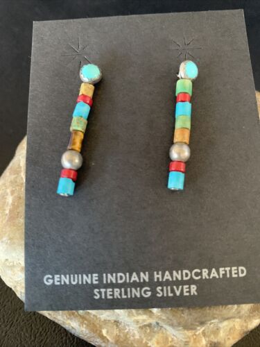 Multi-Color Turquoise Coral Bead Earrings | Sterling Silver | Navajo Handmade | 1" | 13053