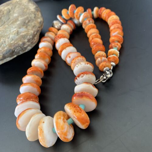 Navajo Orange Spiny Oyster & Turquoise Necklace | Sterling Silver | Authentic Native American | Graduated | 22" | 11387