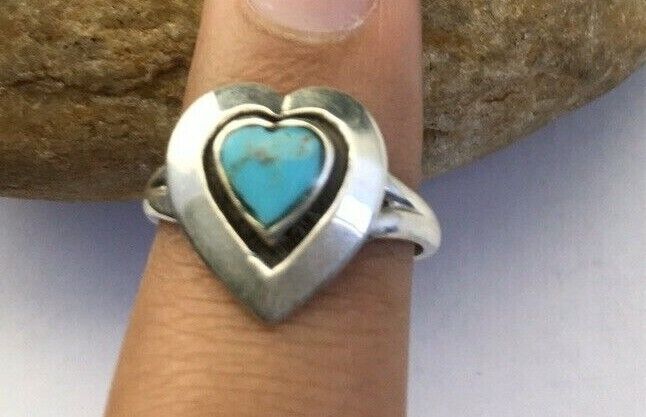 Navajo Heart Blue Turquoise Inlay Ring | Sterling Silver | Sz 5.5 | Authentic Native American Handmade | 01731
