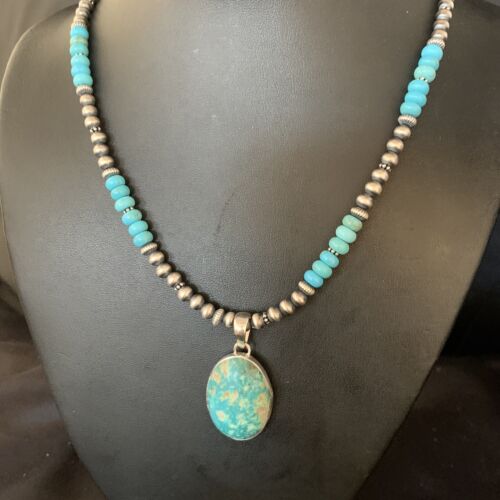 Navajo Blue Turquoise Pendant Necklace | Sterling Silver | Authentic Native American Handmade | 13868