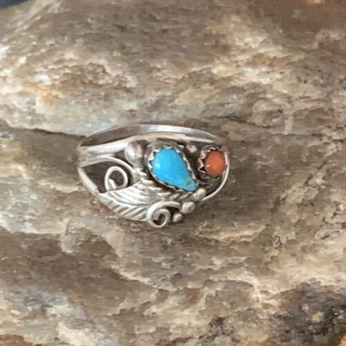 Navajo Blue Kingman Turquoise Coral Ring | Authentic Native American Sterling Silver | Multi-Stone | Sz 6.5 | 13575