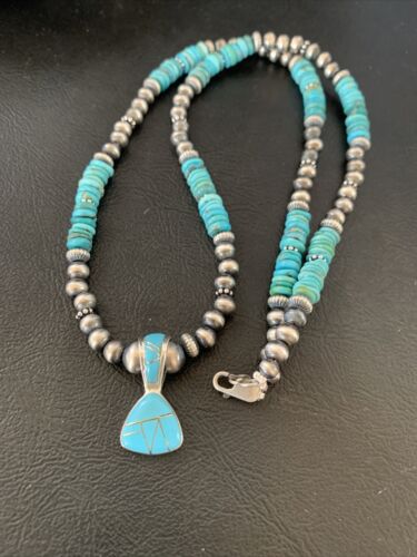 Navajo Pearl Necklace with Blue Turquoise Inlay Pendant | Sterling Silver | Authentic Native American Handmade | 12500