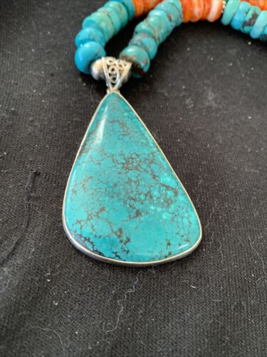 Spiny Oyster Turquoise Navajo Pearls | Spiderweb Pendant | Sterling Necklace | Southwestern | 00835