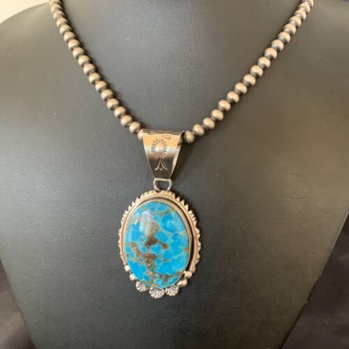 Navajo Pearls Blue Kingman Turquoise Necklace Pendant | Sterling Silver | Authentic Native American Handmade | 10765